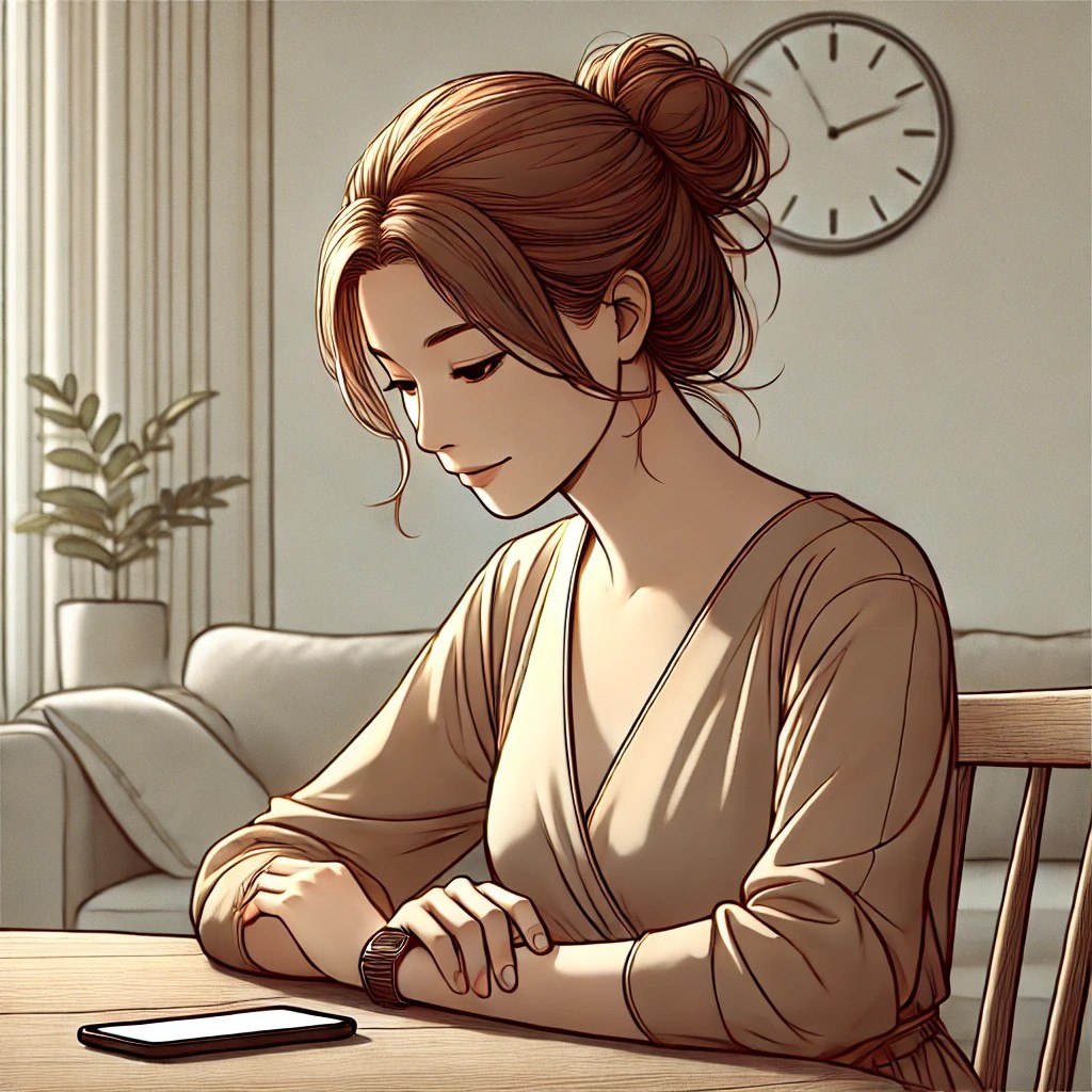 DALL·E 2026-01-06 11.24.56 - Continue the same composition and setting as before_ a woman sitting at a table in a minimal living room, smartphone resting face-down on the table. T.jpg