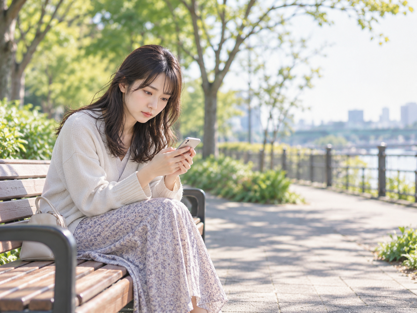 川辺のベンチでスマホを見つめる女性.png