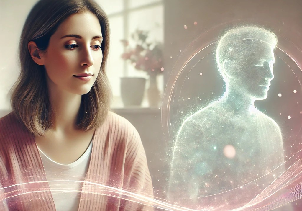 DALL·E 2025-06-10 13.23.58 - A gentle and emotional scene of a woman sitting in a softly lit room, possibly on a cushion or near a window, with a calm and reflective expression. S.jpg