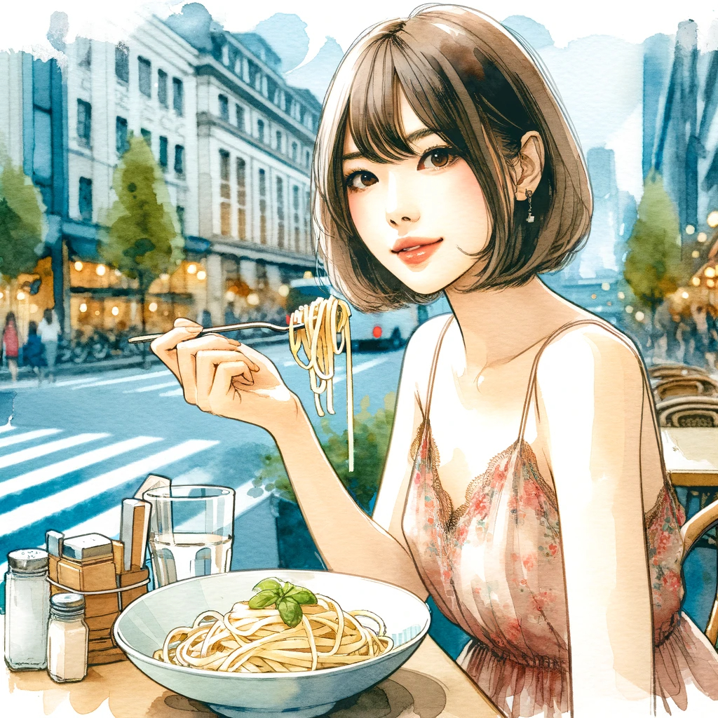 DALL·E 2023-11-25 09.23.36 - A different depiction of a 20-year-old modern Japanese woman with light brown hair in a bob cut, eating pasta, in a watercolor painting style. This ti.png