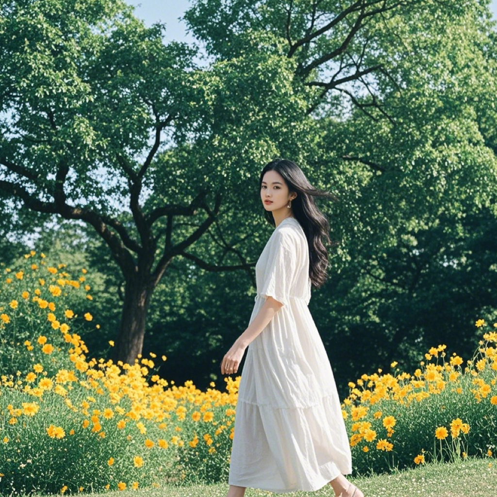 夏の青空の下、黒髪のロングヘアの女性が、カジュアルな洋服を着て外を歩いている後ろ姿。背景には緑豊かな木々や色とりどりの夏の花が咲き、彼女の足元には陽射しがキ (1).png