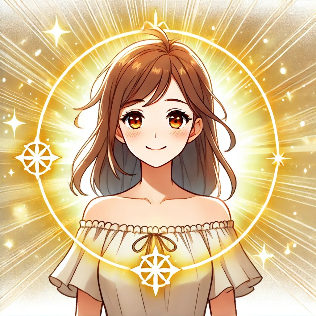 DALL·E 2025-03-17 15.42.59 - An anime-style illustration of a young woman radiating positive energy, symbolizing attracting good luck and fortune. She has a bright, confident smil.jpg