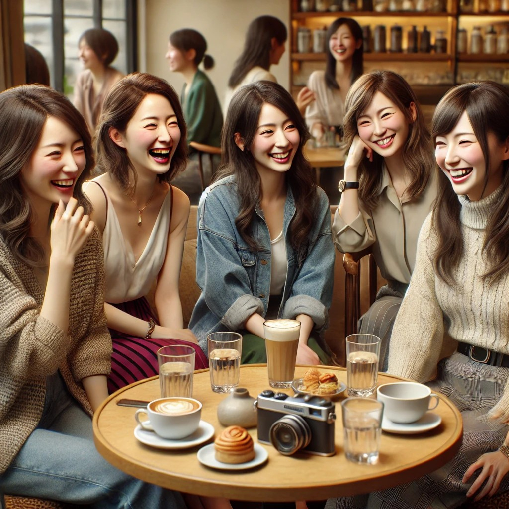 DALL·E 2025-10-01 10.42.41 - A realistic and emotionally nuanced scene of around five Japanese women in their 30s to 50s, dressed in fashionable modern Western-style clothing, sit.jpg