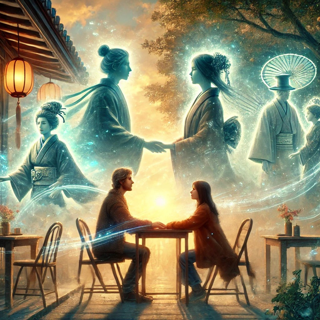 DALL·E 2025-07-11 11.44.24 - An emotional scene of two people reuniting in the present day, subtly realizing they were connected in a past life. They are meeting in a peaceful par.jpg