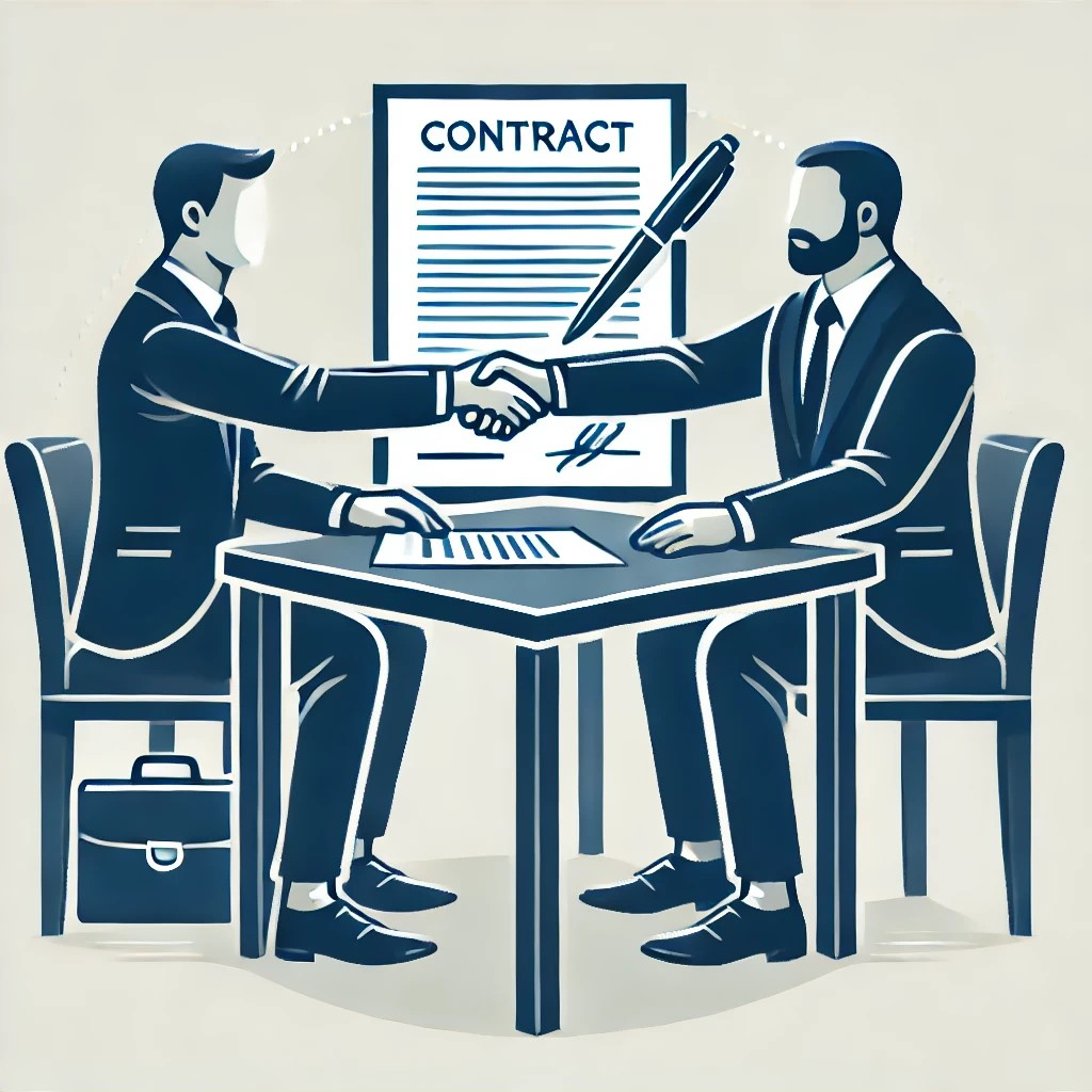 DALL·E 2024-10-24 22.59.35 - An illustration of a business contract being signed, with two people shaking hands over a table, emphasizing the importance of a well-prepared contrac.jpeg