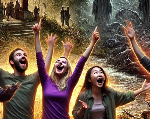 DALL·E 2025-04-17 03.49.37 - A group of people joyfully reacting to a supposed spiritual 'power spot' in nature, with excited expressions and arms raised as if feeling strong ener.jpg