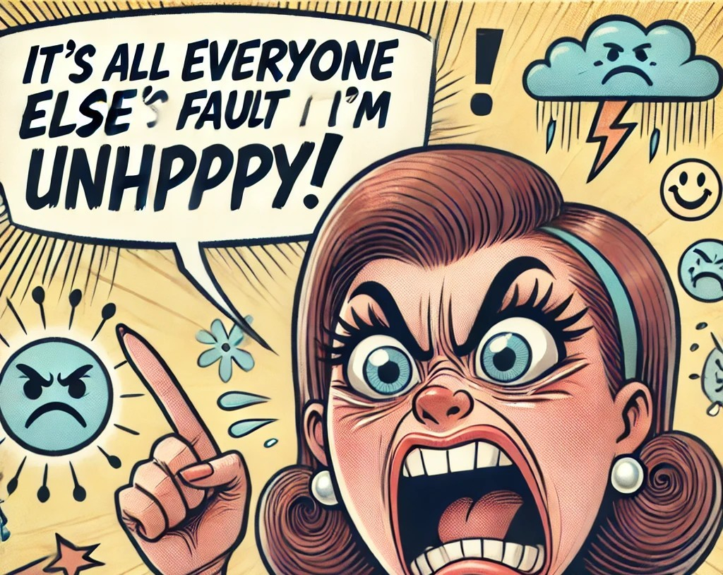 DALL·E 2025-08-08 19.27.30 - A humorous and lighthearted cartoon-style image of a woman angrily declaring, 'It’s all everyone else’s fault that I’m unhappy!' She has an exaggerat.jpg