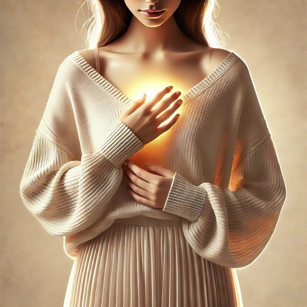 DALL·E 2025-11-06 14.32.52 - A calm young woman standing softly in the center of the image, wearing a modest, long-sleeved loose knit sweater and a long flowing skirt. There is no.jpg