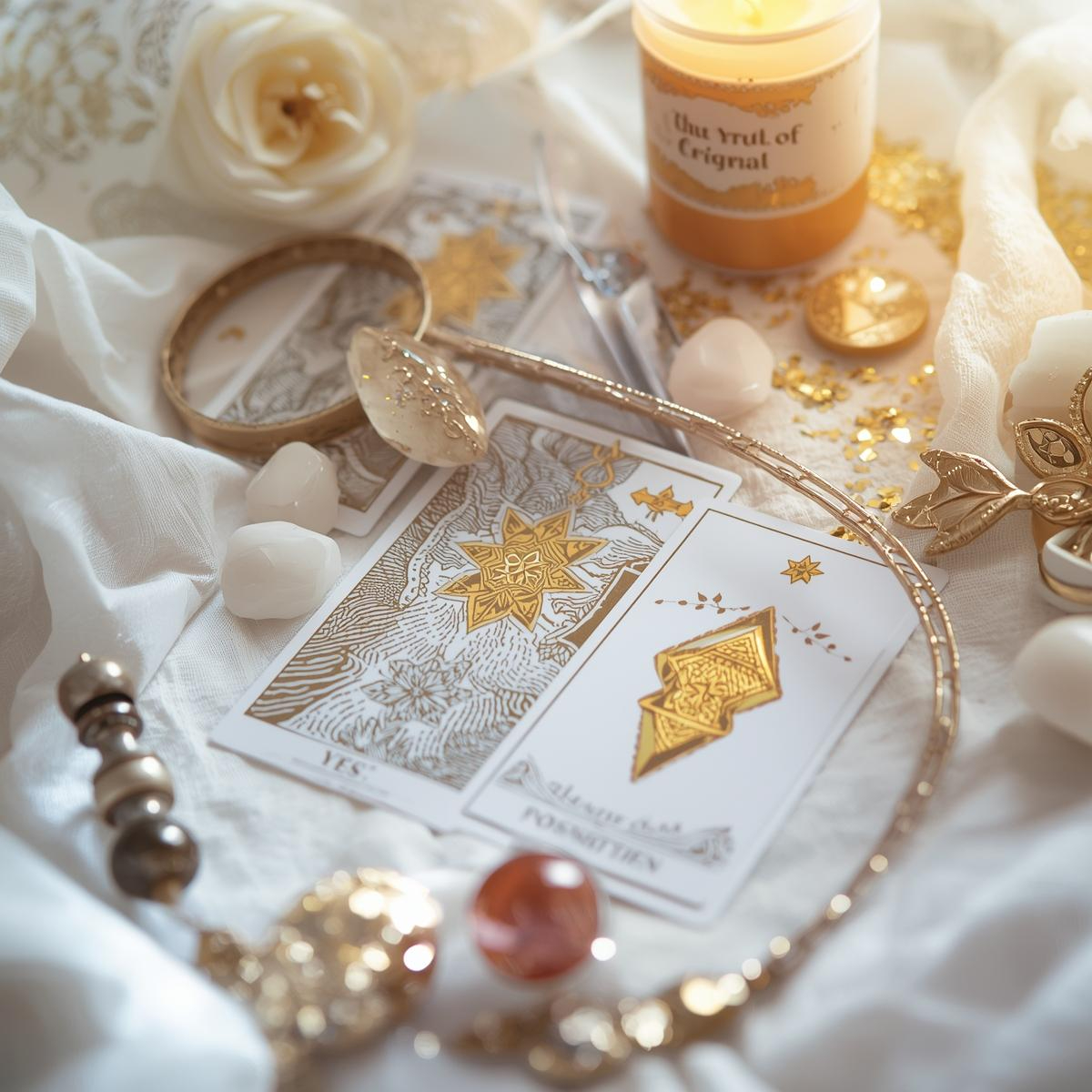 占い、霊視、タロット、ヒーリング道具、神秘的、スピリチュアル、キラキラ、白とゴールド、クリスタル、イエスノー.JPEG