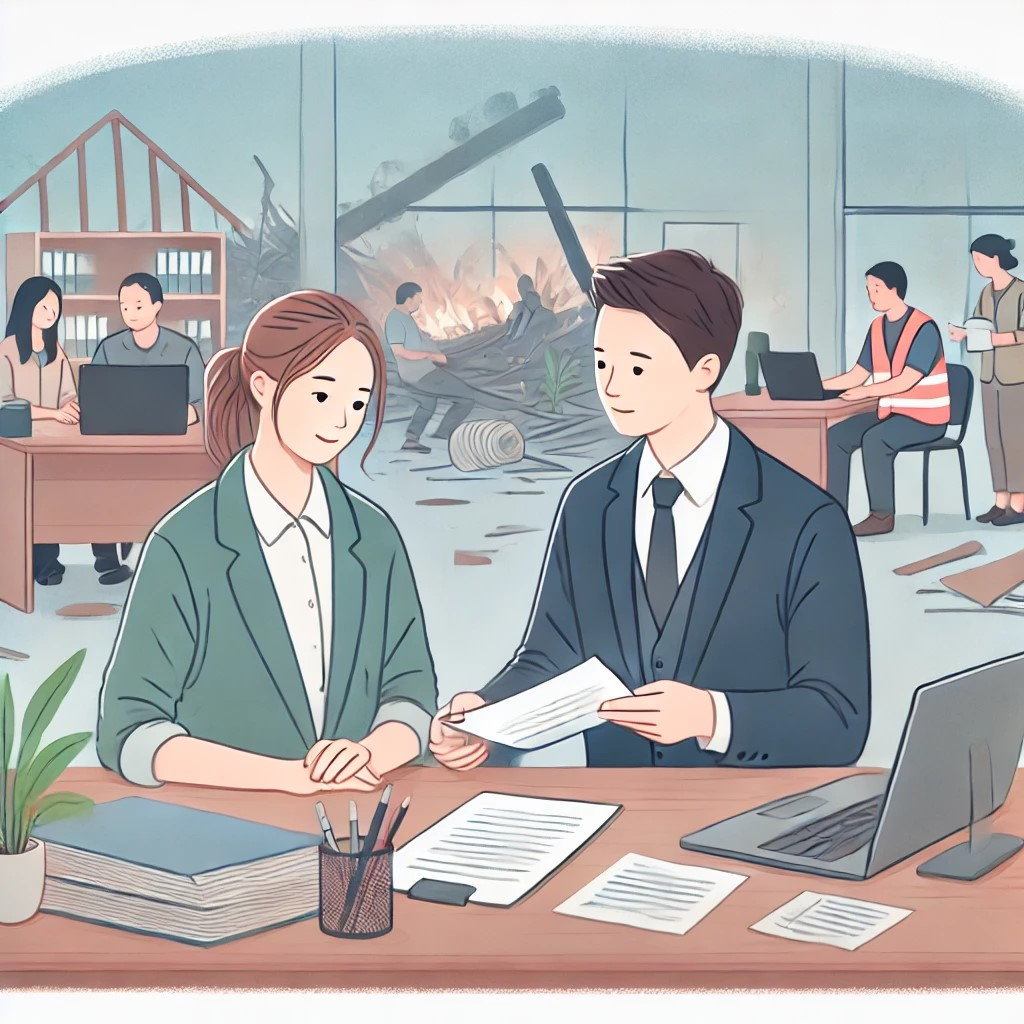 DALL·E 2024-10-23 18.27.56 - An illustration of an administrative scrivener helping a disaster victim with paperwork at a desk. The setting shows a supportive environment, with do.jpeg