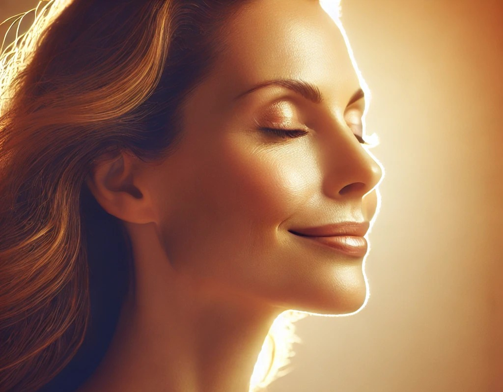 DALL·E 2025-05-09 23.03.26 - A side profile of a 30-something woman radiating inner peace and happiness. Her expression is serene, with a gentle, content smile and closed or half-.jpg