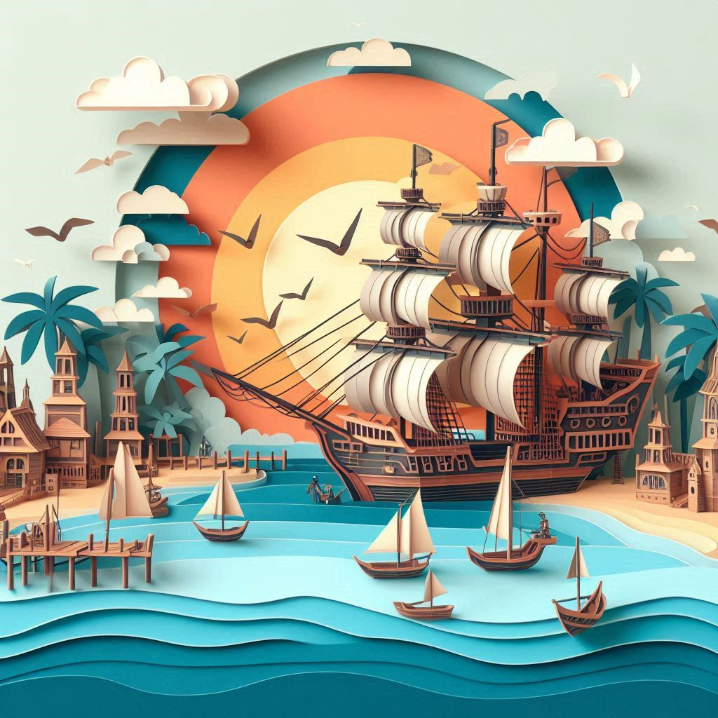 昔のハワイの港に古い船が到着した様子をイメージできるイラストをペーパークラフト調で描いてください。文字はイラストの中には絶対描かないこと。.png