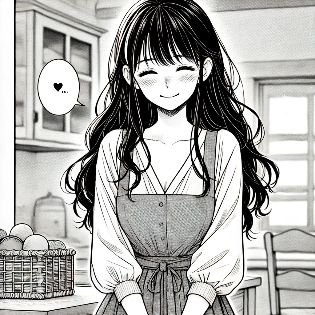 DALL·E 2024-12-23 14.58.37 - A manga-style single-scene illustration of a young woman with long, slightly wavy black hair, expressing gratitude to her husband in a heartfelt momen.jpg