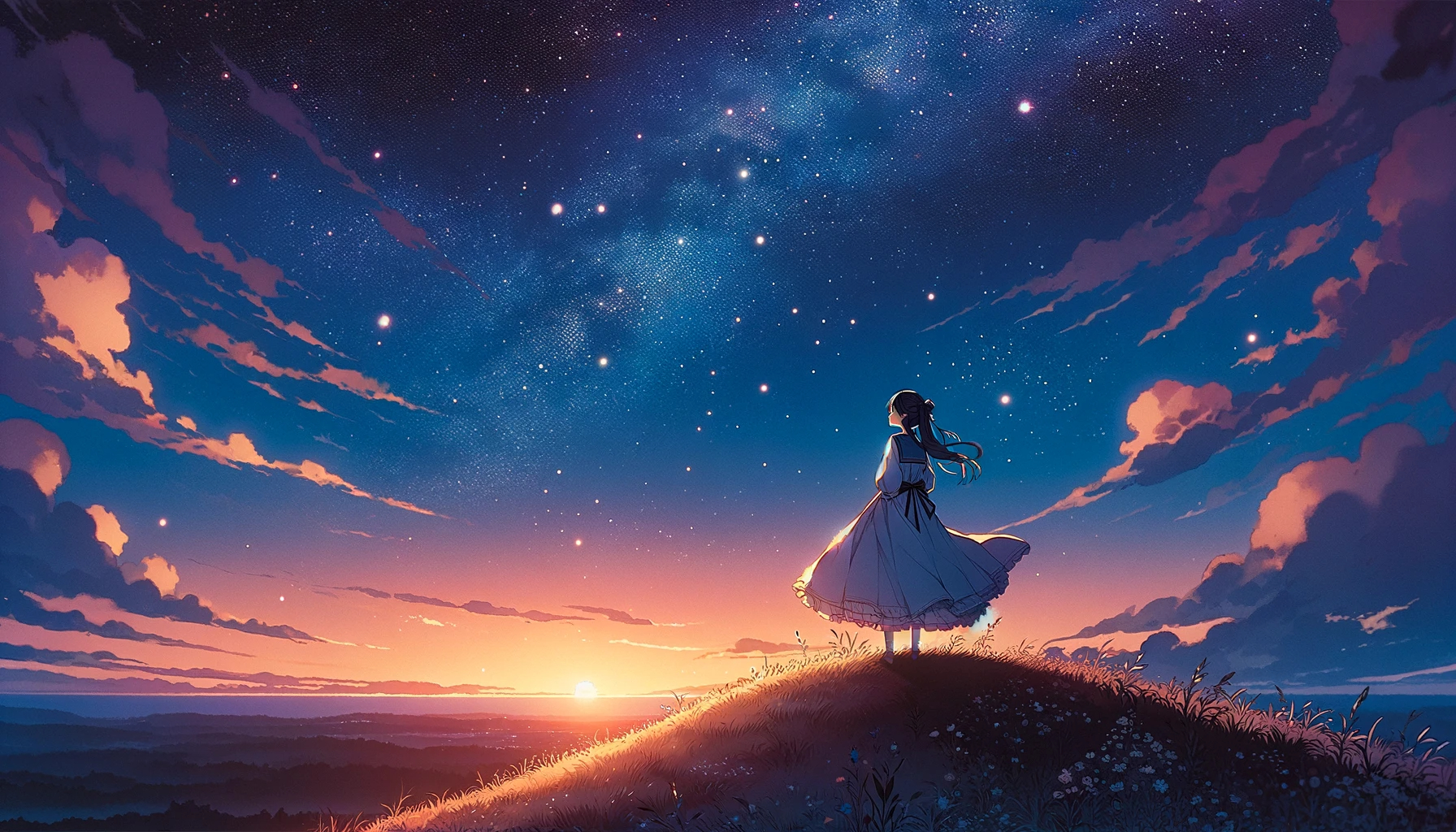 DALL·E 2023-11-06 14.28.51 - Craft a wide, enchanting illustration suitable for a romantic manga, depicting a young girl gazing up at the sky from atop a gentle hill. The sky shou.png