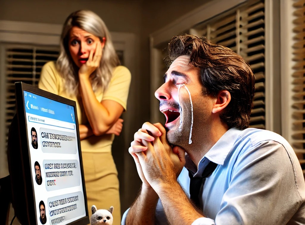 DALL·E 2025-05-09 06.45.32 - A humorous and slightly surreal scene showing a man in his 30s or 40s sitting at a desk, staring at a computer screen with tears of joy streaming down.jpg