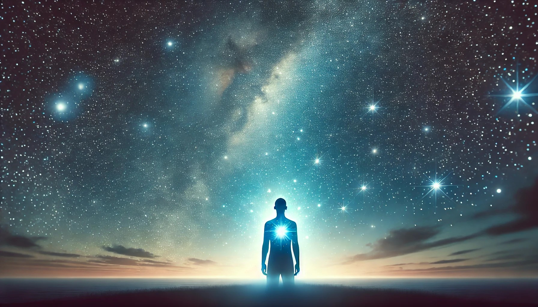 DALL·E 2024-12-20 21.38.29 - A wide, horizontal illustration of a person silhouetted under a vast, starry night sky. The person is gazing upward at the stars, and light emanates f.jpg