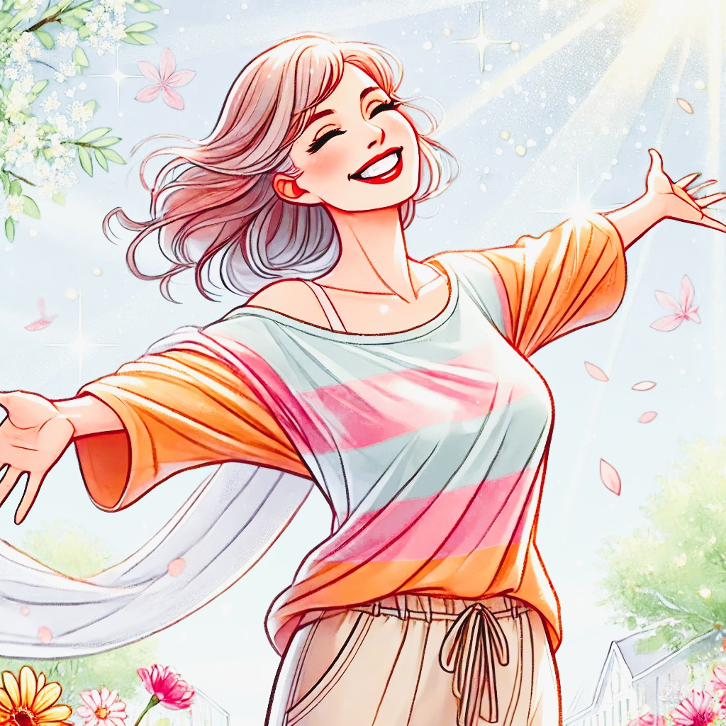 DALL·E 2025-08-19 20.11.02 - A cheerful and carefree illustration of a 50-year-old woman enjoying life with a bright, happy smile. She wears a modest, colorful long-sleeved blous.jpg