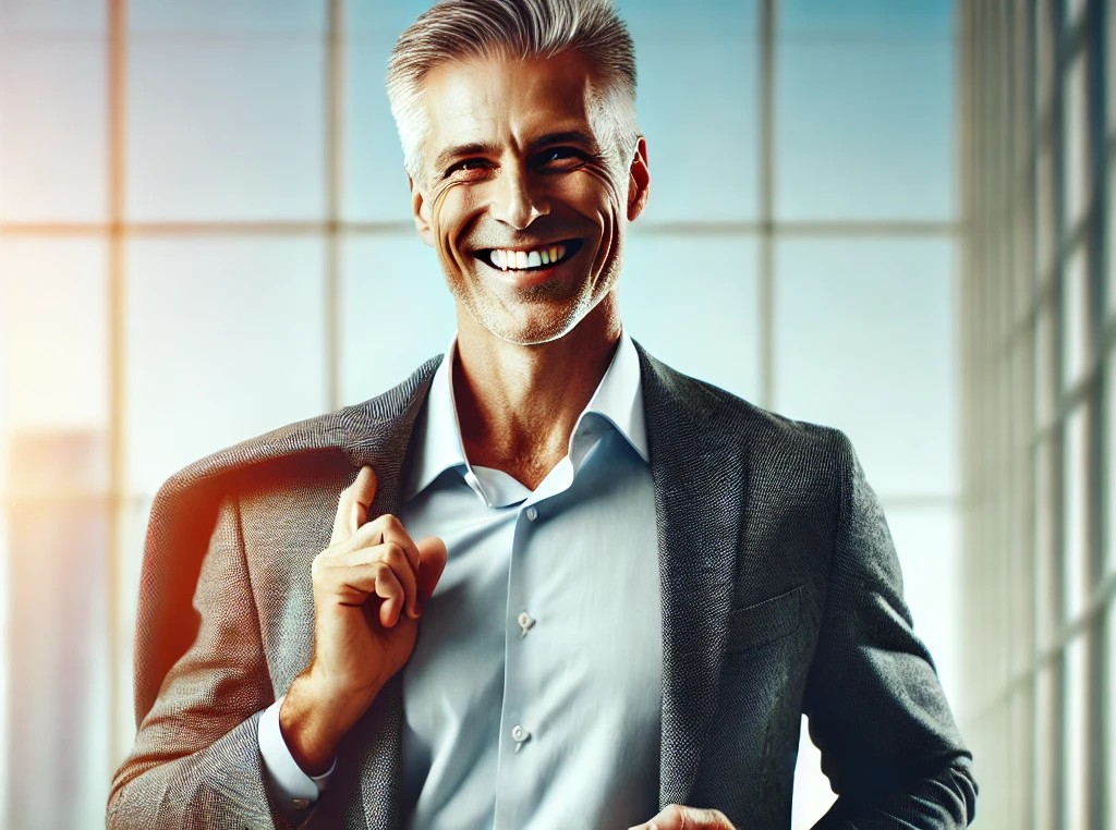 DALL·E 2025-05-11 07.40.43 - A cheerful and energetic man in his 50s, looking successful and full of vitality. He is smiling confidently, wearing a smart-casual outfit, and holdin.jpg