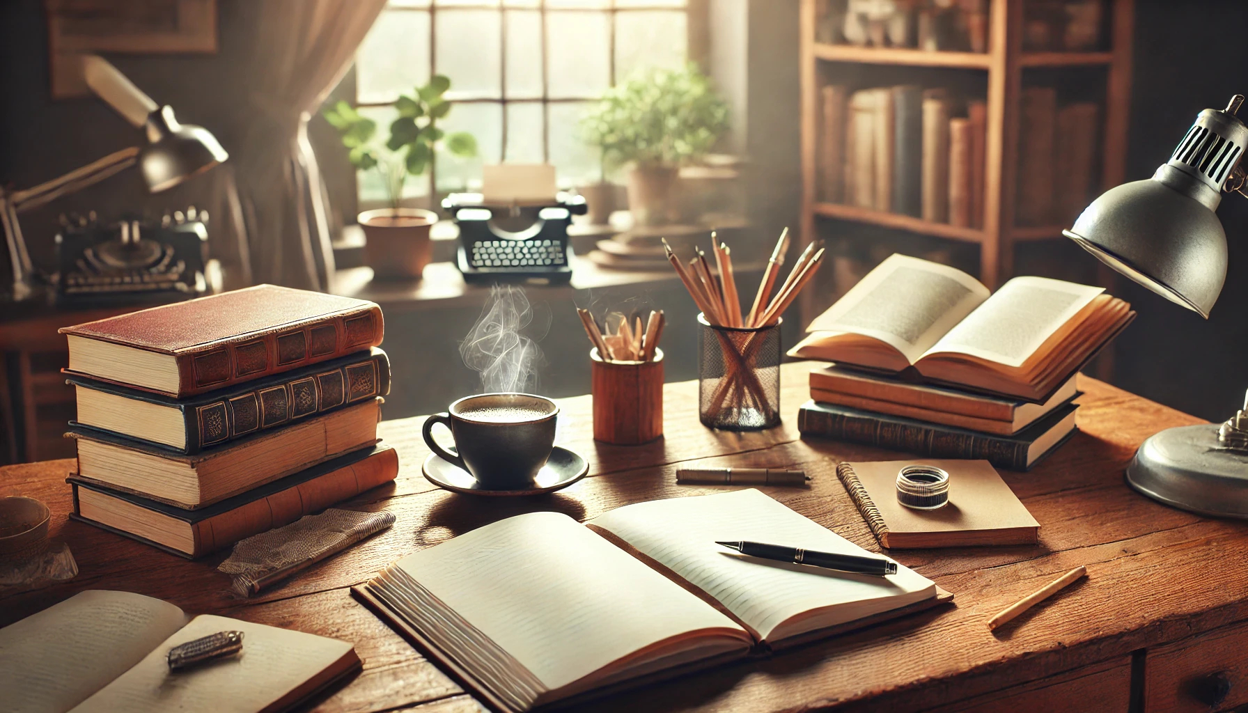 DALL·E 2025-05-19 12.24.18 - A cozy, inspiring writing scene for beginners. A clean wooden desk with an open notebook and a pen, surrounded by a few well-used books. Soft natural .jpg