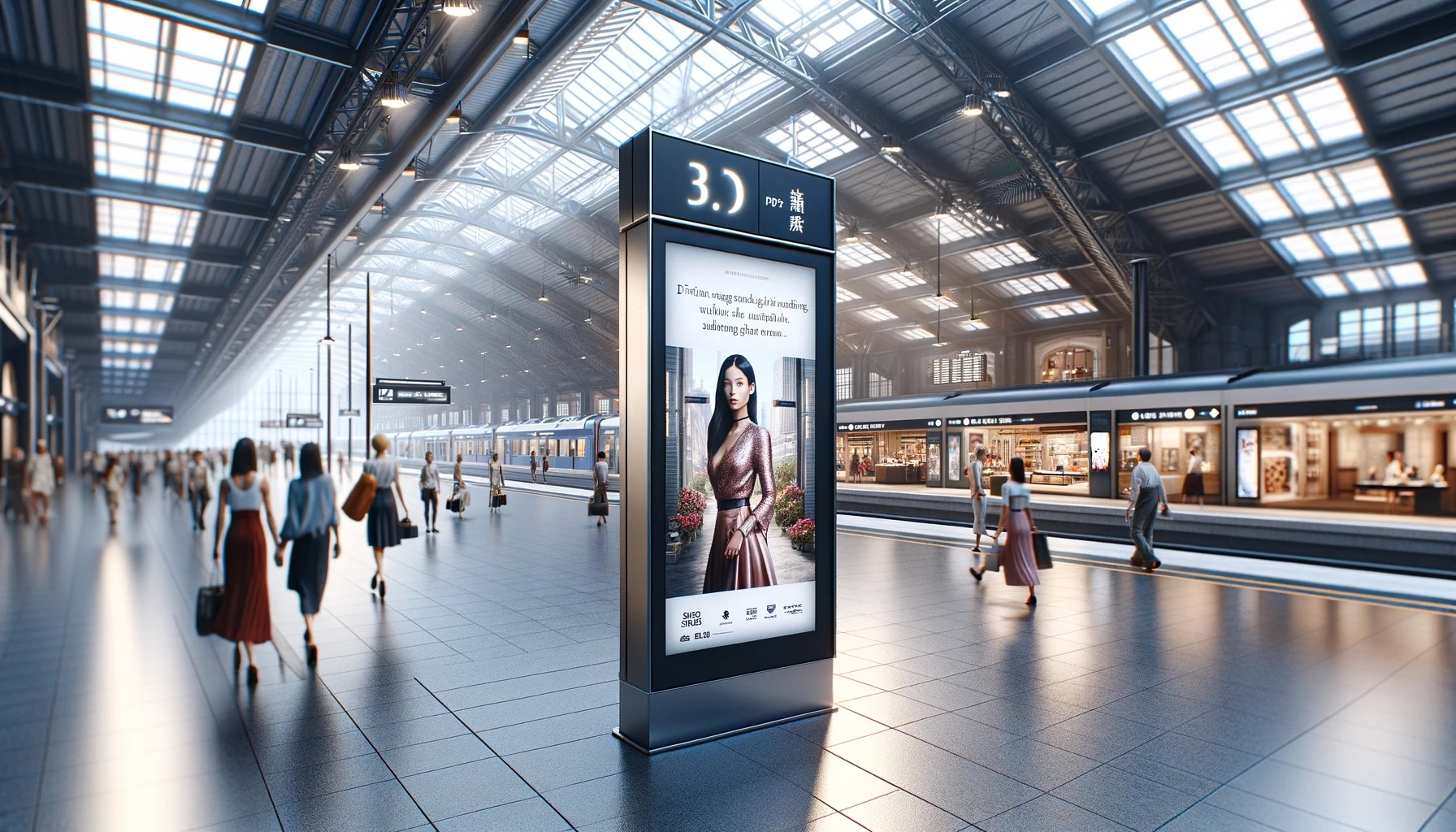 DALL·E 2024-03-02 14.05.03 - Depict a digital signage display located within a train station, designed to appeal to women in their 30s. The image should capture the bustling atmosのコピー.jpg