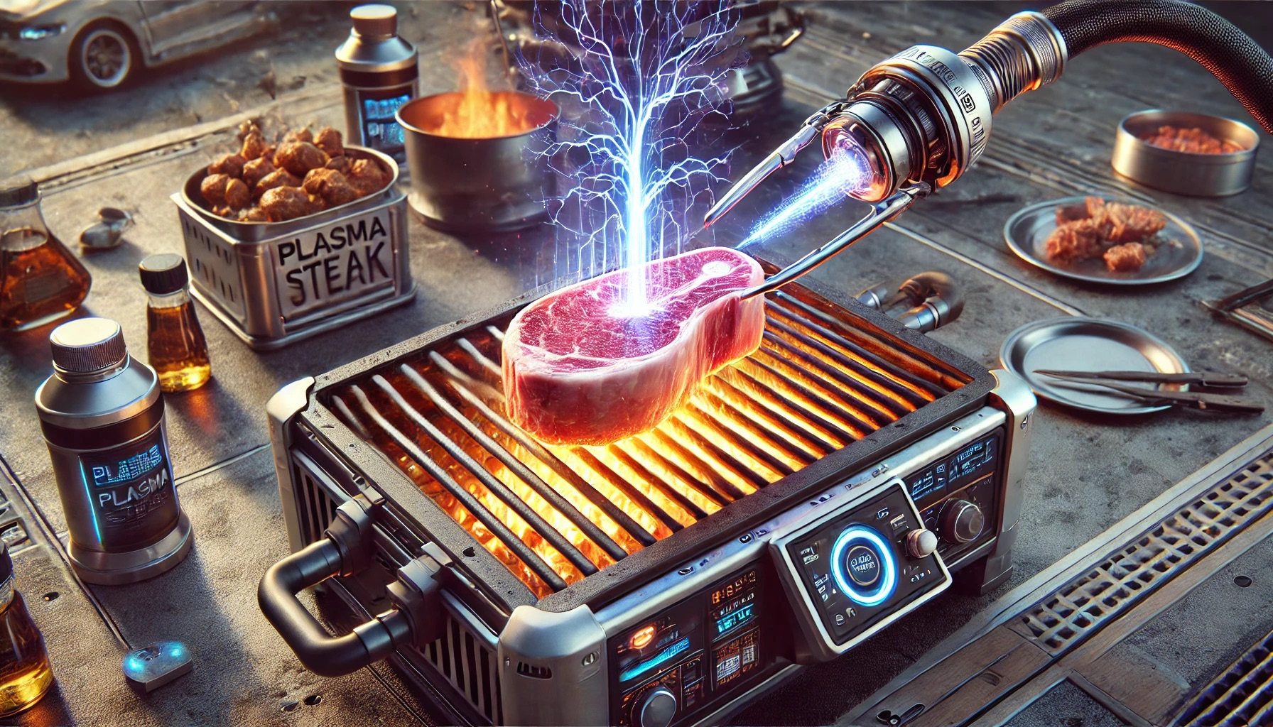 DALL·E 2024-07-02 23.45.52 - A high-quality image of a plasma steak being cooked over a futuristic grill, with the steak glowing slightly from the plasma, set against a high-tech .jpeg