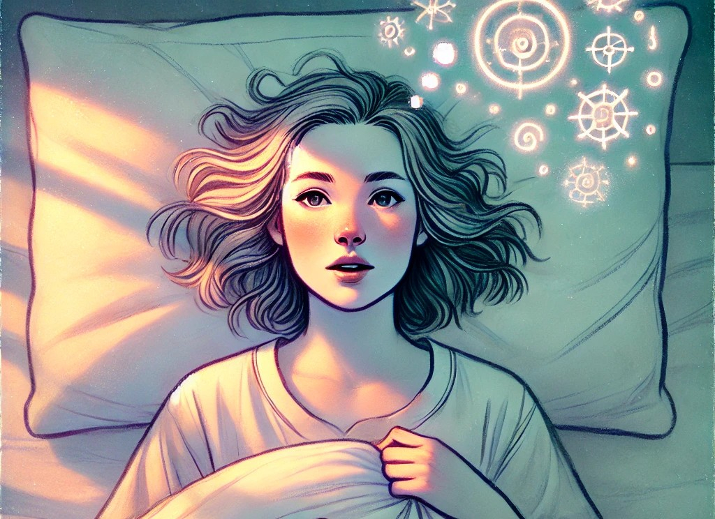 DALL·E 2025-06-08 12.11.21 - A dreamy and intimate illustration of a woman in her 30s who has just woken up, lying in bed in the early morning light. She is still wrapped in blank.jpg