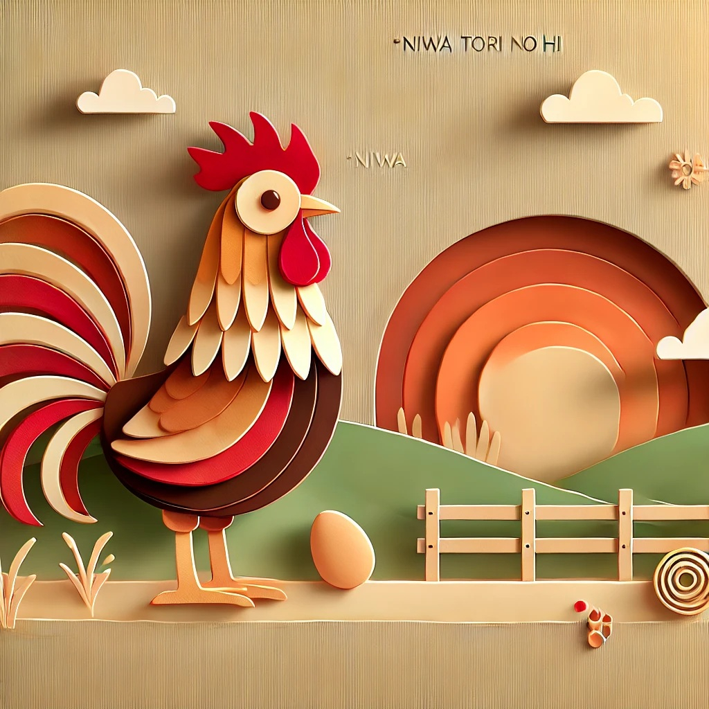 DALL·E 2025-02-08 10.28.24 - A papercraft-style illustration featuring a rooster as the main focus, symbolizing 'Niwa Tori no Hi' (Chicken Day). The rooster is depicted in a charm.jpg