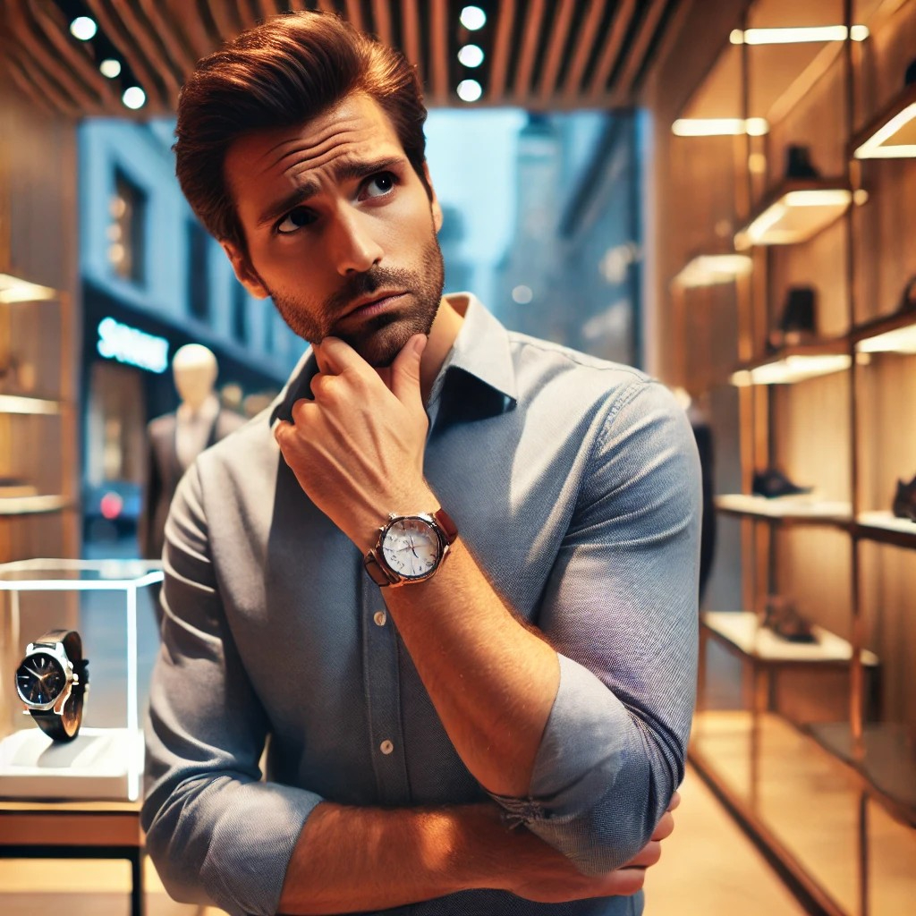 DALL·E 2025-07-11 11.29.51 - A man in his 30s or 40s looking indecisive, standing in a modern store or in front of a shop window, clearly struggling to decide whether to buy somet.jpg