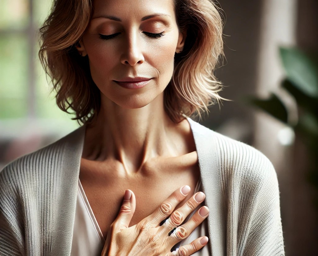 DALL·E 2025-05-13 05.42.12 - A 40-something woman with a calm and introspective expression is gently placing her hand over her heart, eyes closed, as if asking a question to her i.jpg