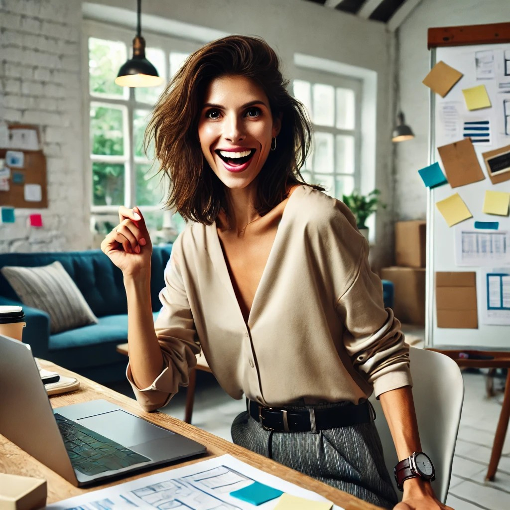 DALL·E 2025-07-11 11.36.05 - A confident and determined woman in her 30s preparing to launch her startup. She is in a cozy but energetic home office or co-working space, surrounde.jpg