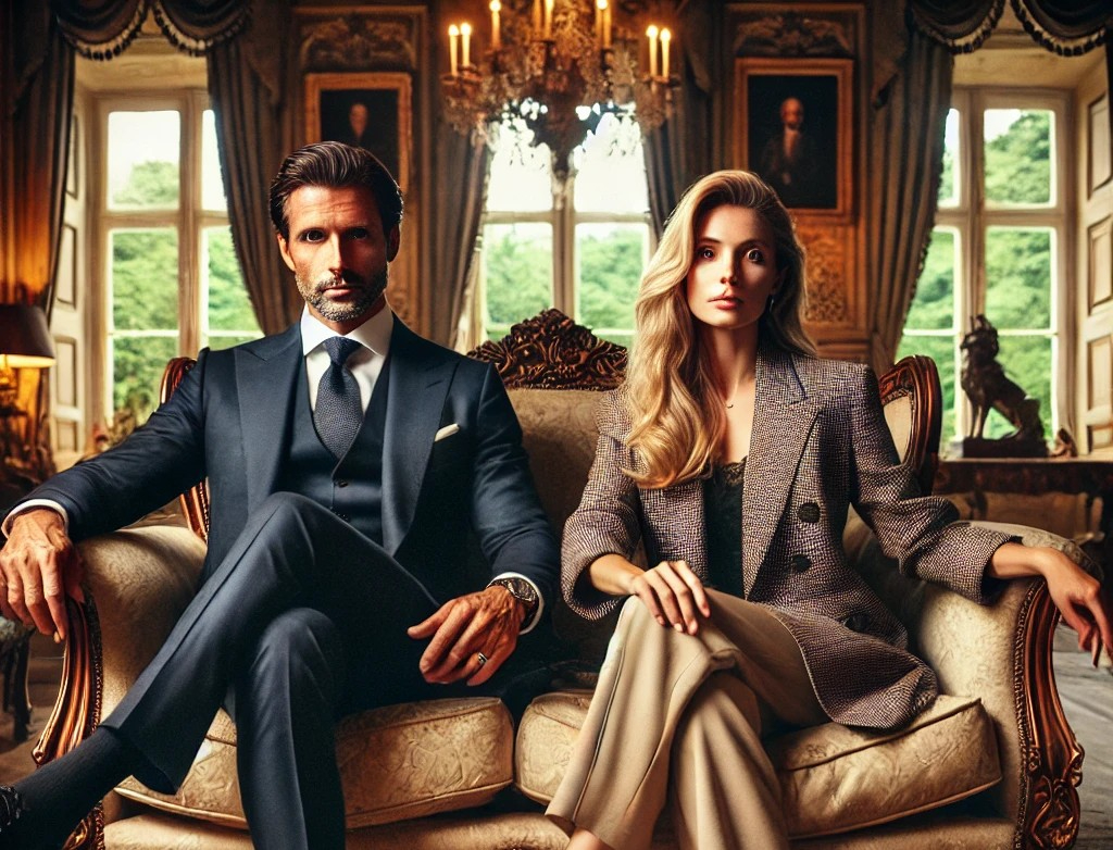 DALL·E 2025-05-07 05.53.50 - Inside a luxurious castle living room, a refined and wealthy couple in their 40s sits confidently in elegant, high-end armchairs. The man and woman bo.jpg