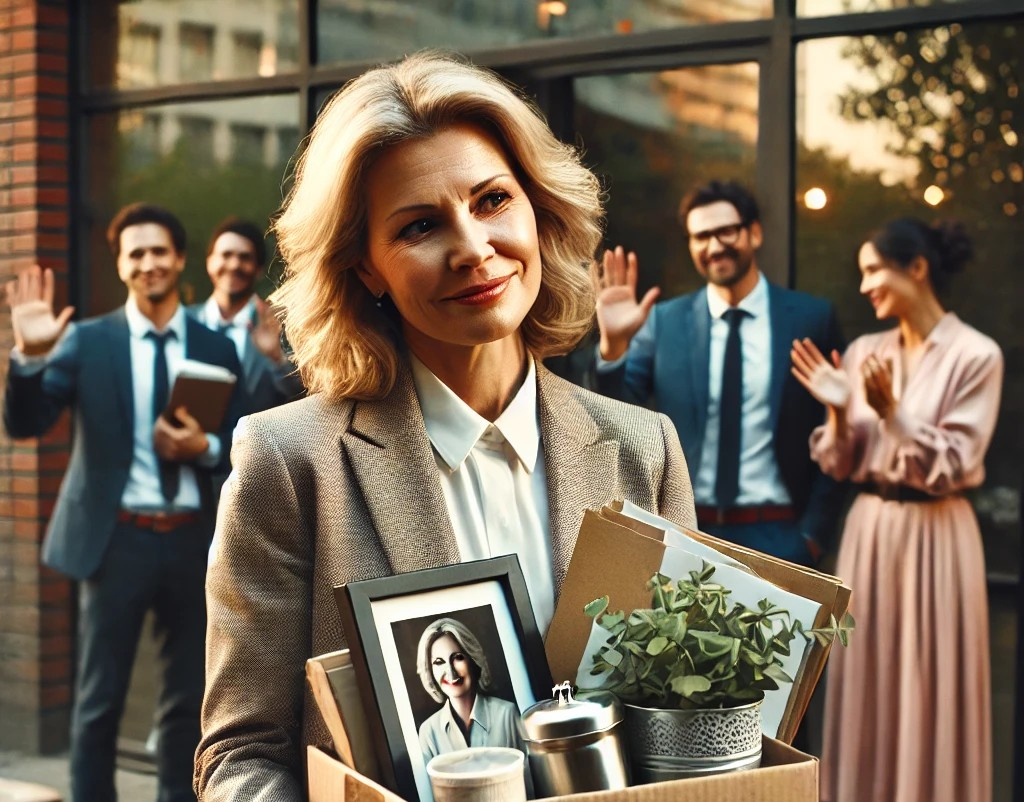 DALL·E 2025-04-17 01.23.45 - A touching and emotional scene of a woman in her late 40s or 50s on her last day at work, leaving the company she worked at for many years. She is sta.jpg