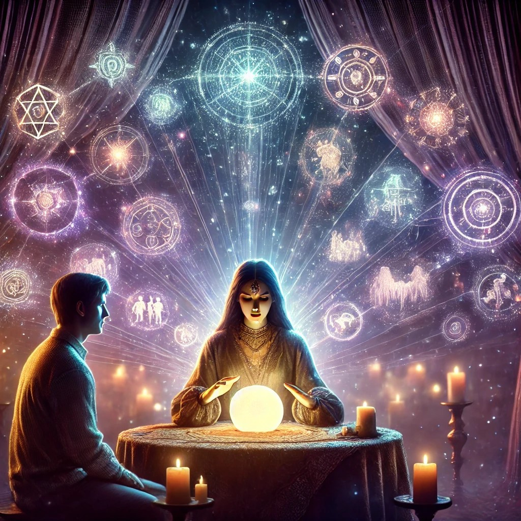 DALL·E 2025-07-21 16.30.41 - A mystical and detailed scene showing a fortune teller sitting across from a client. The fortune teller has a focused, intense expression, and above h.jpg