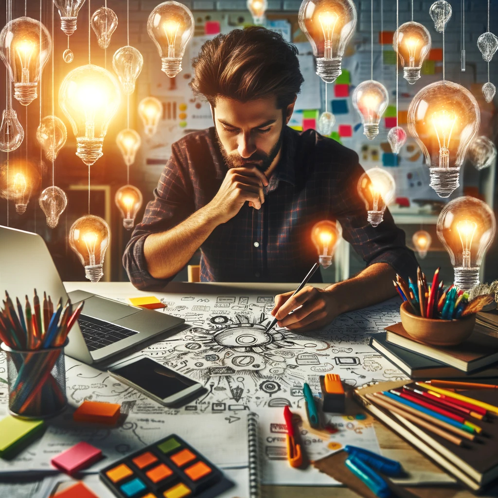 DALL·E 2024-02-29 10.03.50 - A creative and thoughtful person sitting at a desk surrounded by light bulbs, paper notes, and digital devices. The person is deeply focused, sketchin.png