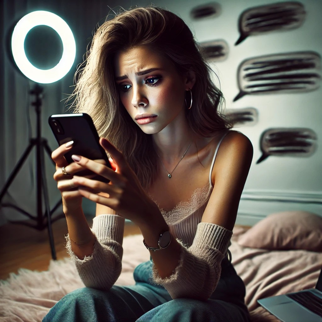 DALL·E 2025-07-19 22.43.53 - A young female influencer sitting alone in a softly lit room, looking emotionally overwhelmed while holding her smartphone. Her expression is pained, .jpg