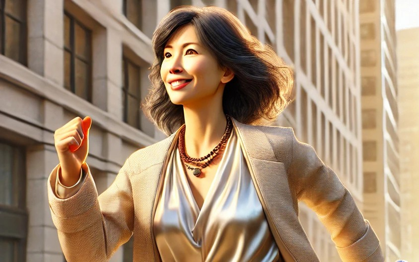 DALL·E 2025-09-01 11.56.48 - A photorealistic image of a vibrant Japanese woman in her 50s, dressed in elegant Western-style clothing, confidently balancing work and hobbies as sh.jpg