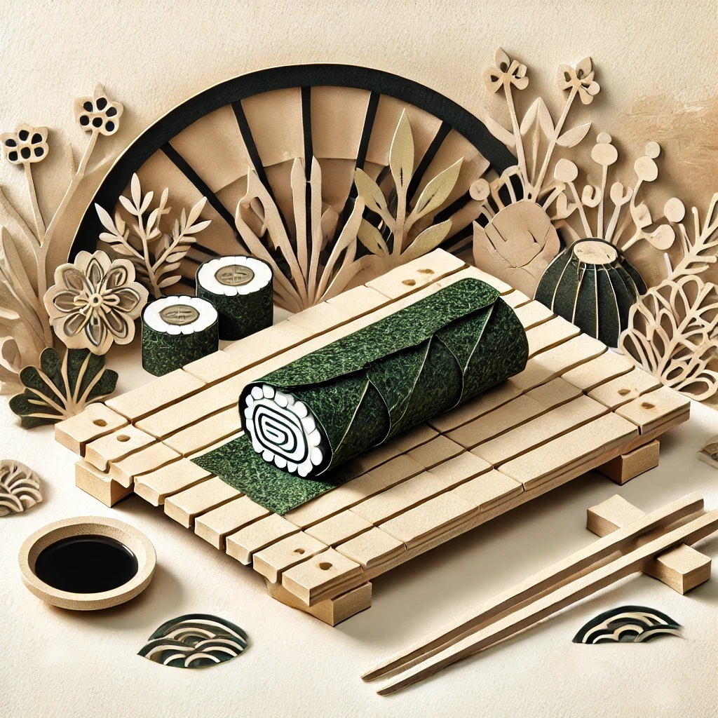DALL·E 2025-02-06 14.36.21 - A papercraft-style illustration representing 'Nori Day'. The artwork features sheets of nori (seaweed) artistically arranged on a wooden sushi rolling.jpg