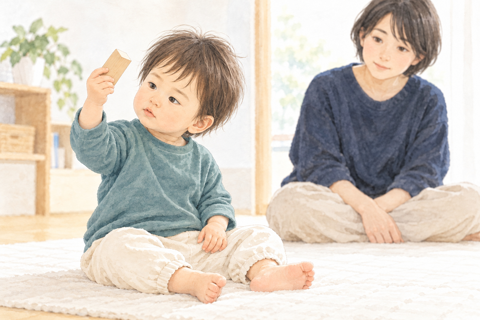 右手で木のブロックを見つめる男の子.png