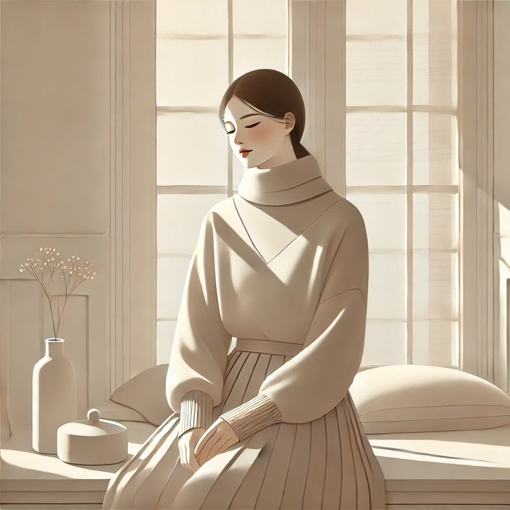 DALL·E 2026-01-03 12.11.17 - Soft and calm illustration of a quiet early January morning. A woman sits by a large window, gazing outside peacefully. She wears modest, warm winter .jpg