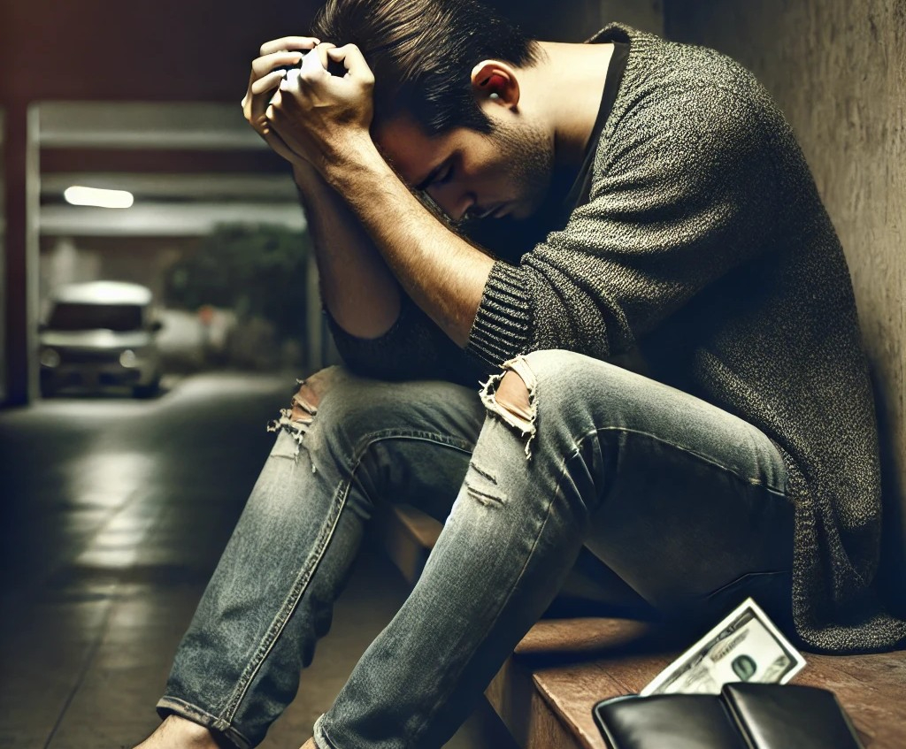 DALL·E 2025-05-11 07.37.08 - A man in his 30s looks dejected and defeated, sitting on a bench or floor with his head in his hands. His expression shows sadness and despair, as if .jpg