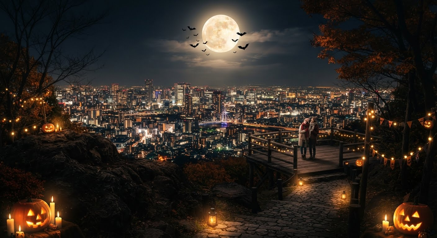 ハロウィンの月夜　高台から見下ろす街の灯り.jpg