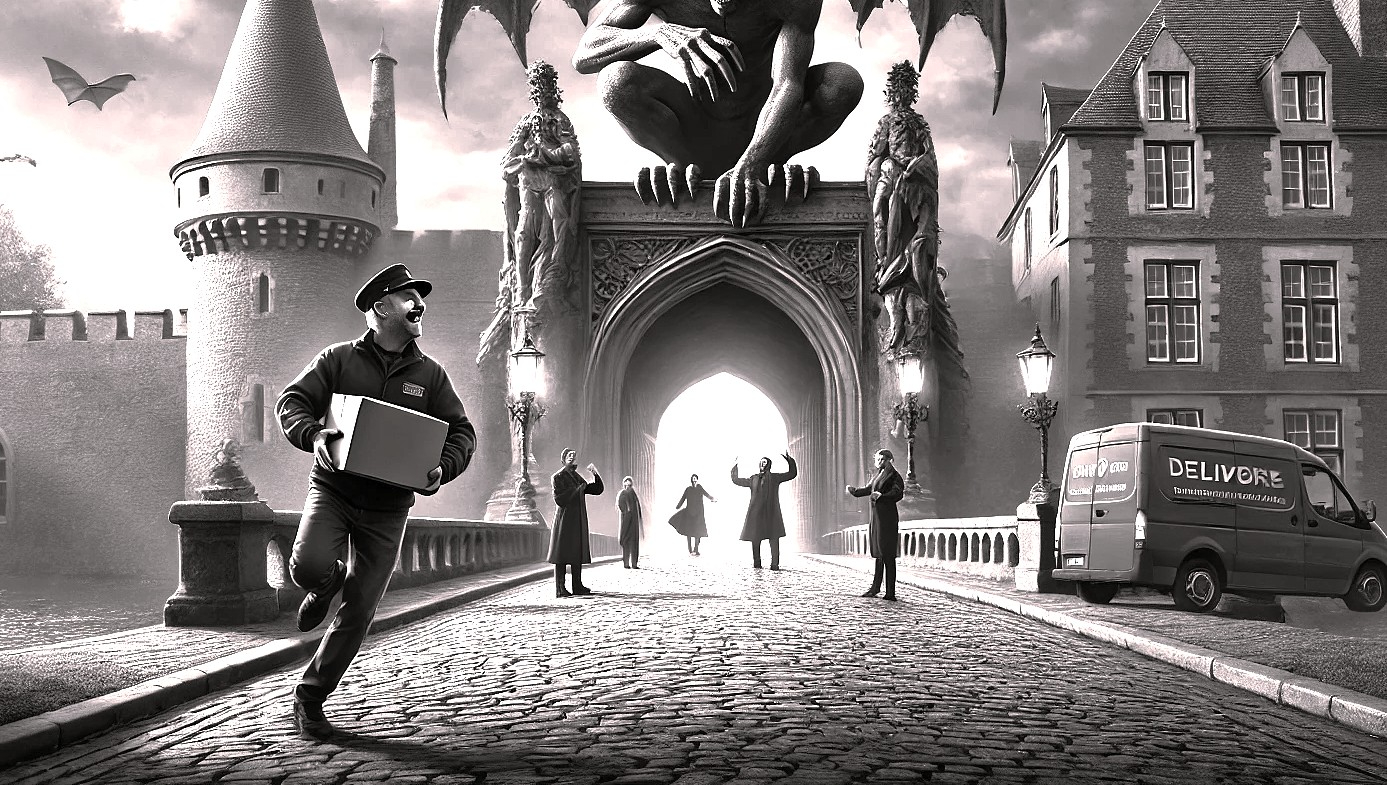 DALL·E 2025-04-20 02.21.20 - A dramatic fantasy scene in front of a grand European castle gate. A stone bridge stretches over a moat leading to the castle, with a large stone garg.jpg