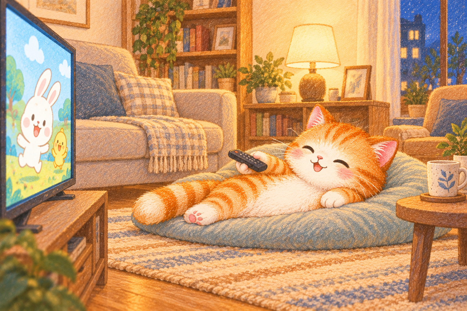片付いた夜、テレビを楽しむ子猫.png