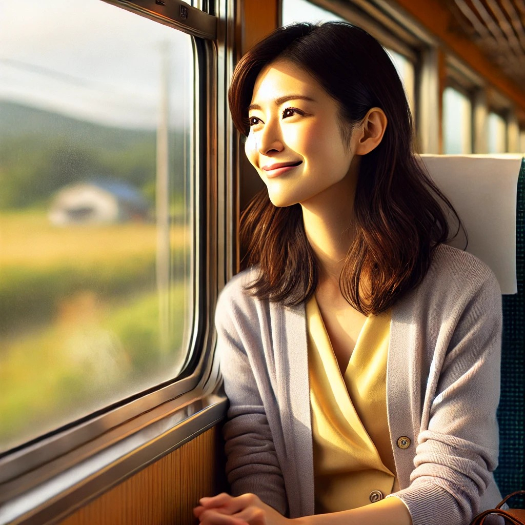 DALL·E 2025-09-30 17.58.07 - A realistic and emotionally warm image of a Japanese woman sitting by a train window, gazing happily outside. She is in her 20s or 30s, dressed in mod.jpg