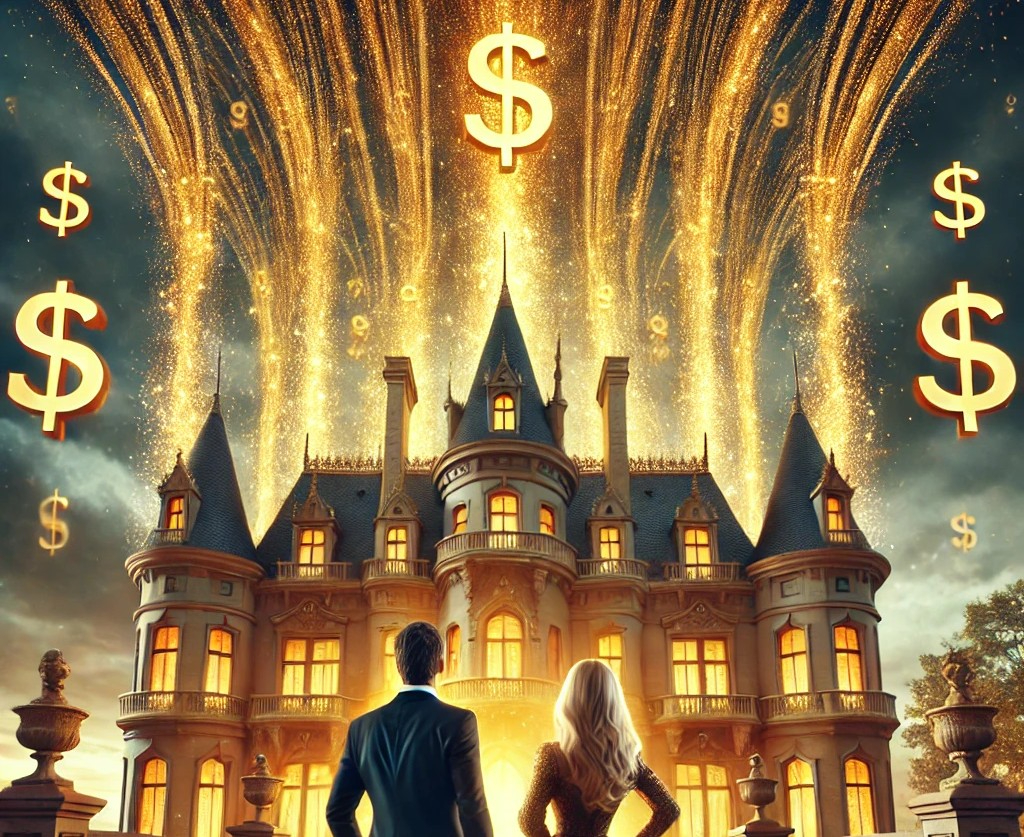 DALL·E 2025-05-04 22.37.09 - A majestic European-style castle stands under a dramatic sky as streams of golden, glowing energy converge and flow toward it, symbolizing immense fin.jpg