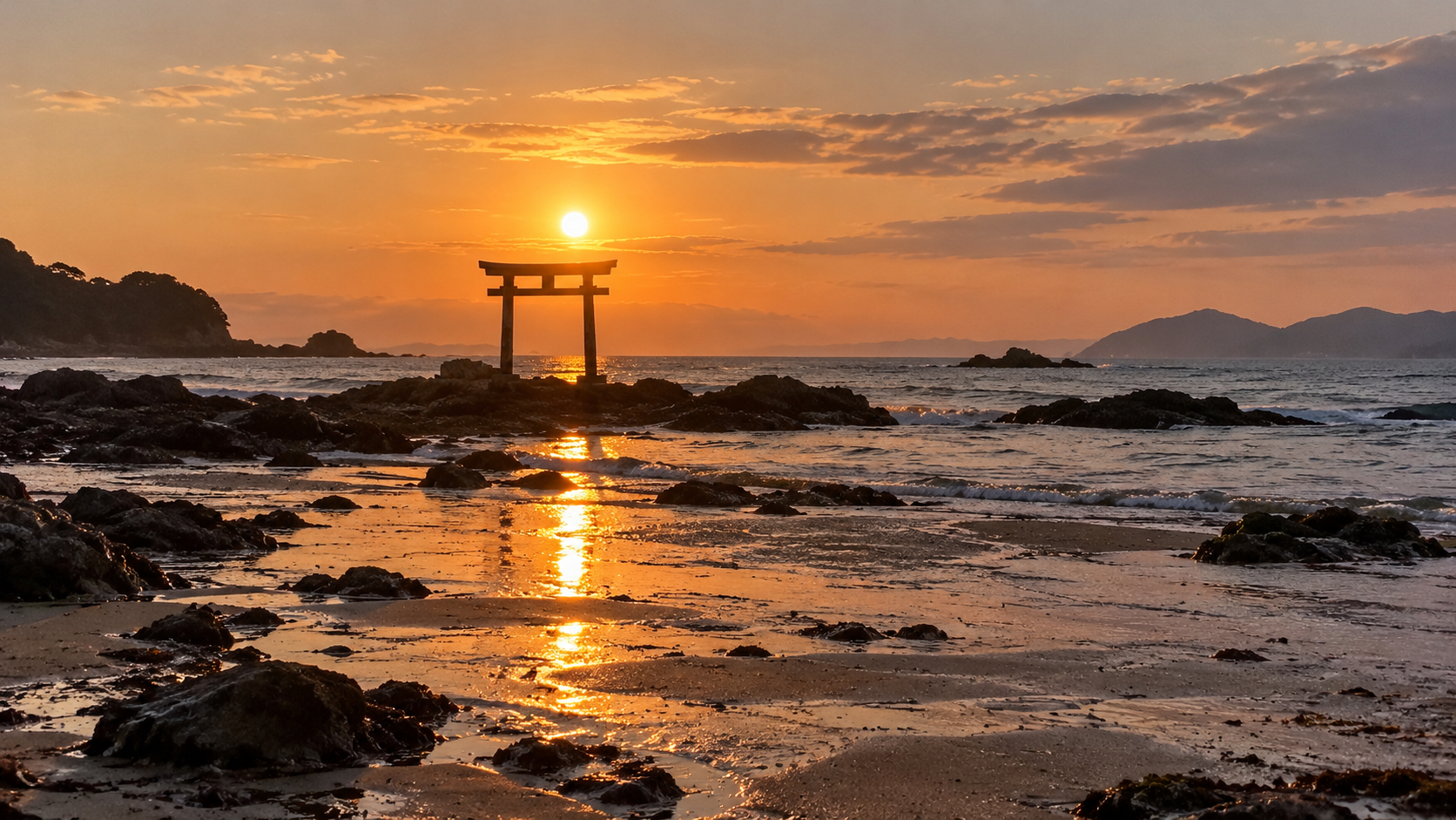 朝日の海辺に佇む木造鳥居.png
