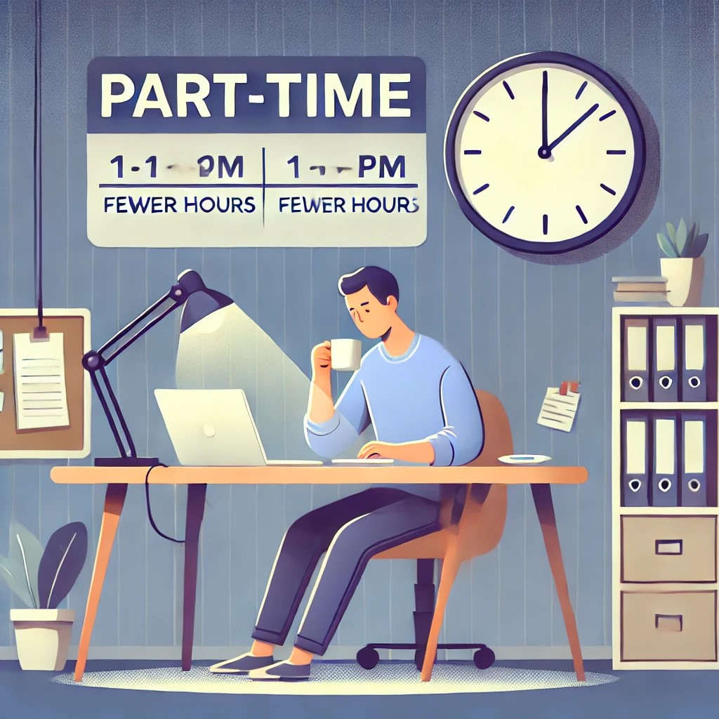 DALL·E 2024-10-23 18.09.06 - An illustration of a part-time worker. A person working at a desk, with a clock on the wall showing fewer hours compared to a full-time schedule. The .jpeg