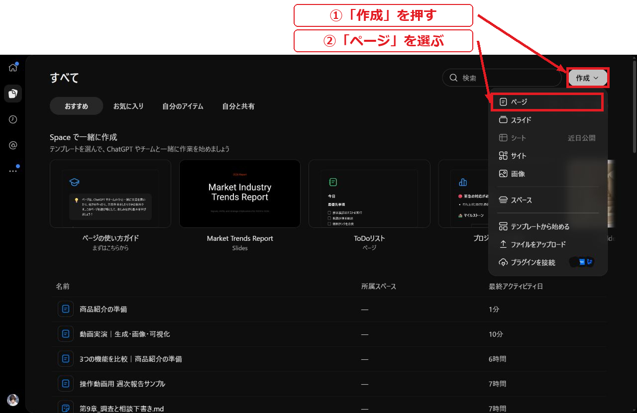 実画面への注釈。①「作成」を押す。②「ページ」を選ぶ。