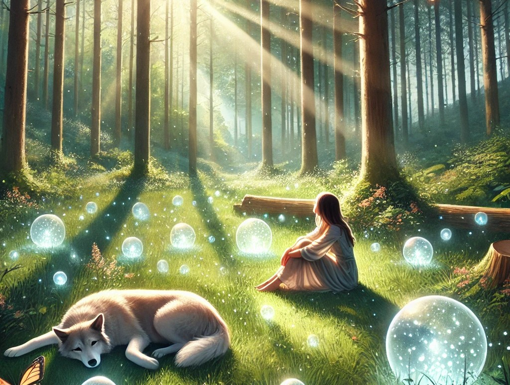 DALL·E 2025-04-24 00.19.13 - A peaceful and bright forest clearing with a serene, magical atmosphere. A woman sits on the grass, gently resting her head in one hand with a tired e.jpg