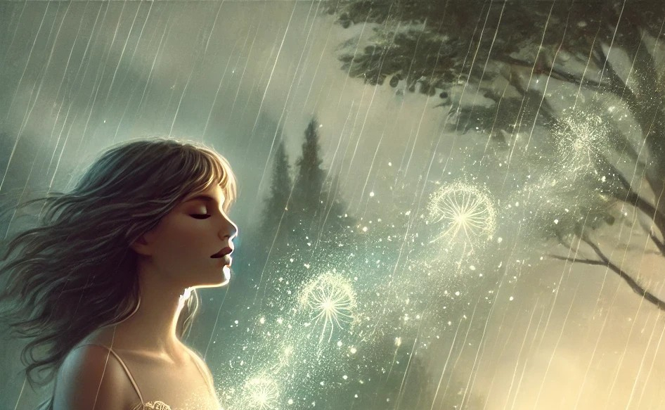 DALL·E 2025-06-08 23.04.26 - A soft, mystical illustration showing an empty natural landscape just before a rainfall. The scene features a quiet, lush green meadow surrounded by t.jpg